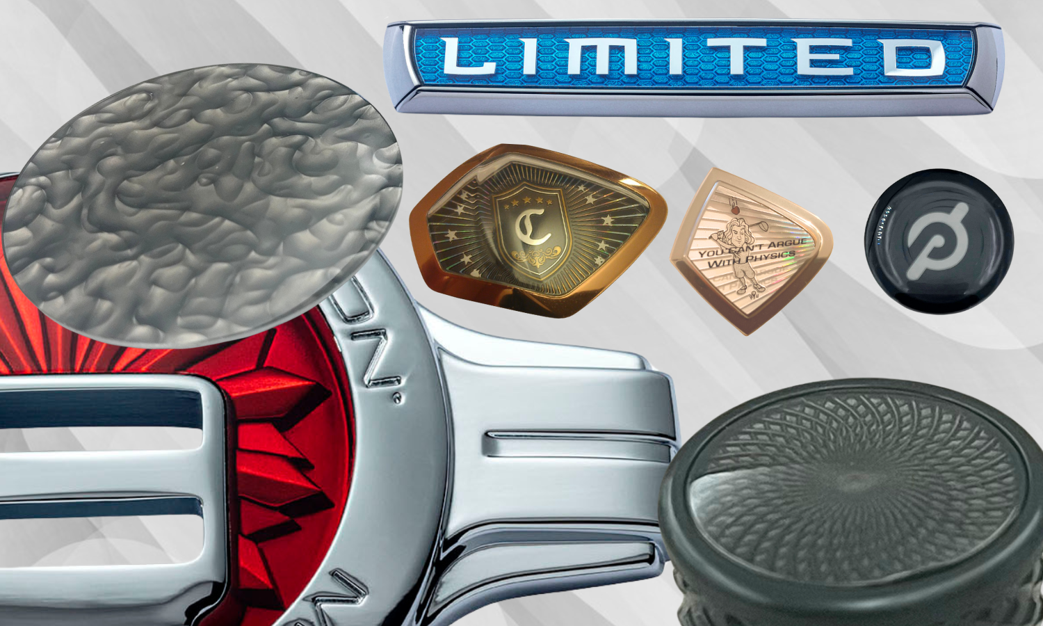 collage of branded logos showing lens effect on top surface and depth and dimension with layering of textures and colors underneath